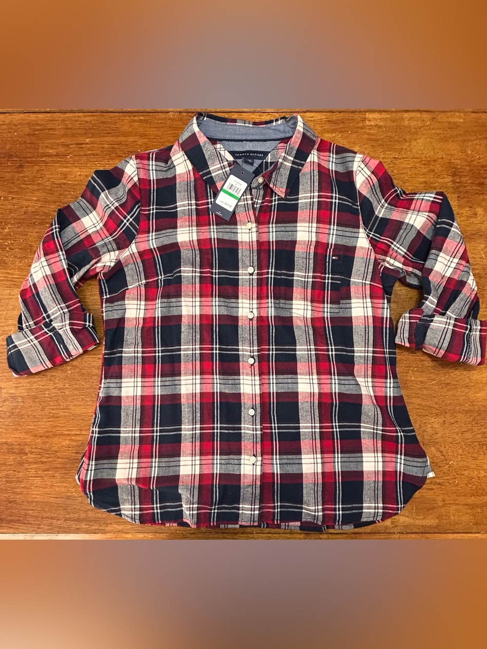 Tommy Hilfiger Women’s Red, Navy & White Plaid Button-Down Shirt